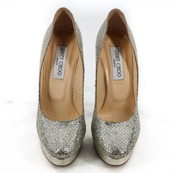 JIMMY CHOO NEW $695 Alex Silver Gold Metallic Leather Platform Pump - Picture 6 of 10